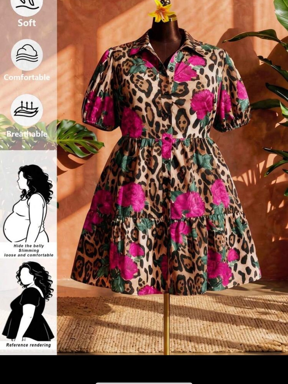 Floral Leopard Print Button-Front A-Line Dress - Pink plus size